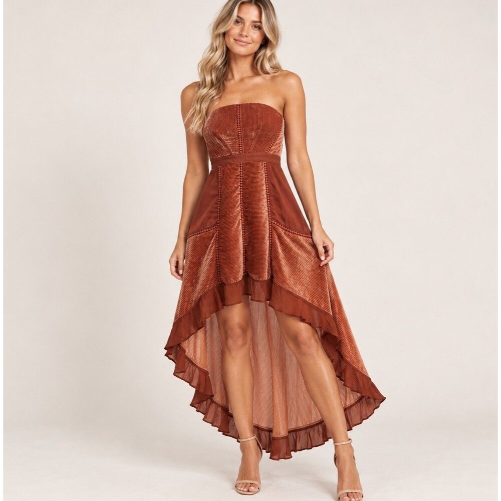 Anthropologie Velvet High Low Dress Size 8 Copper Strapless Asymmetrical